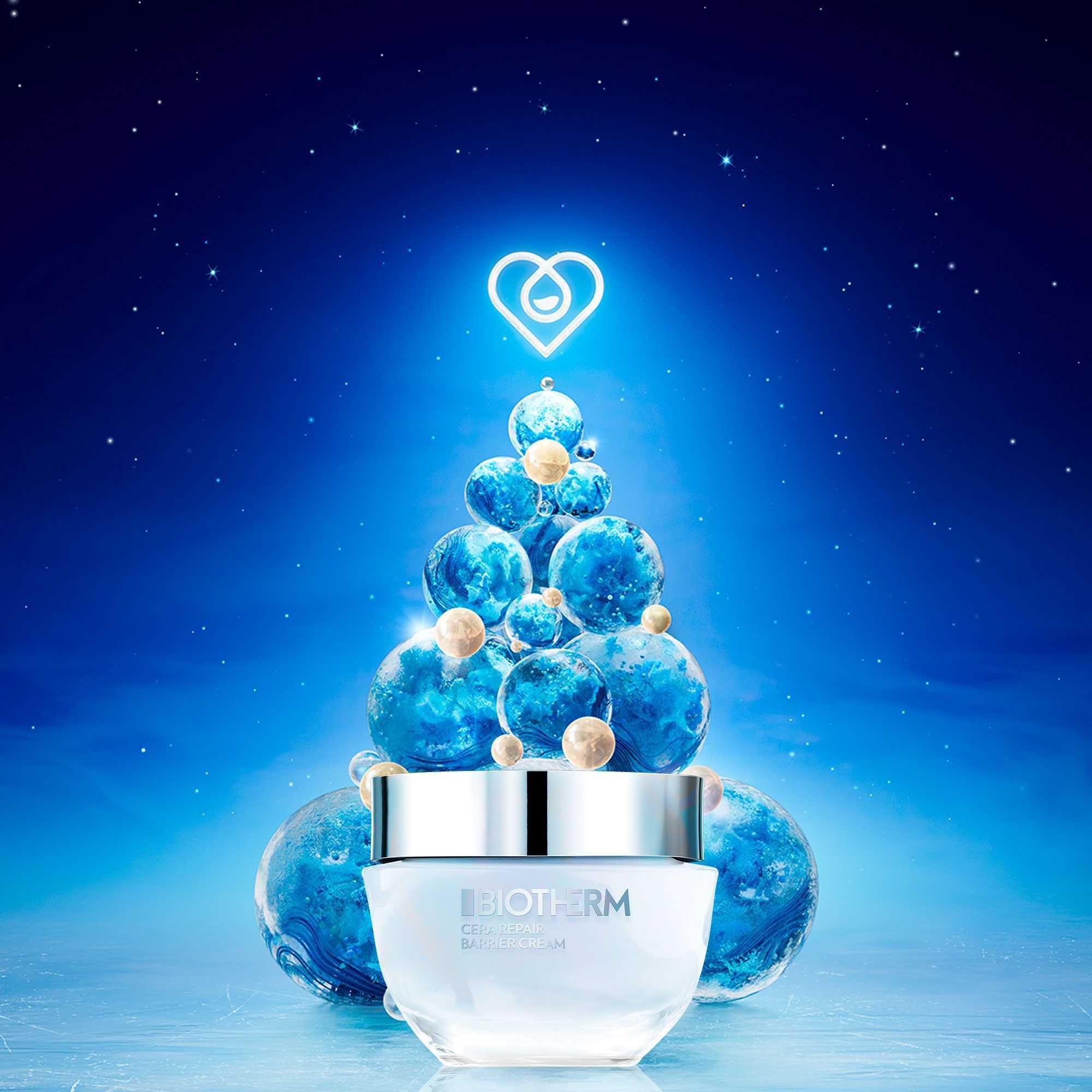 Pot de crème devant fond bleu avec boules. BIOTHERM Cera Repair Barrier Cream.