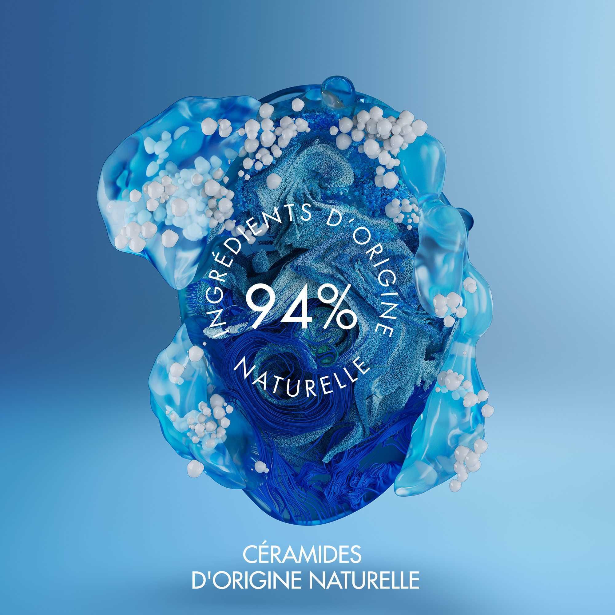 Fond bleu avec éléments blancs et texte. 94% NATUREL. Cera Repair.