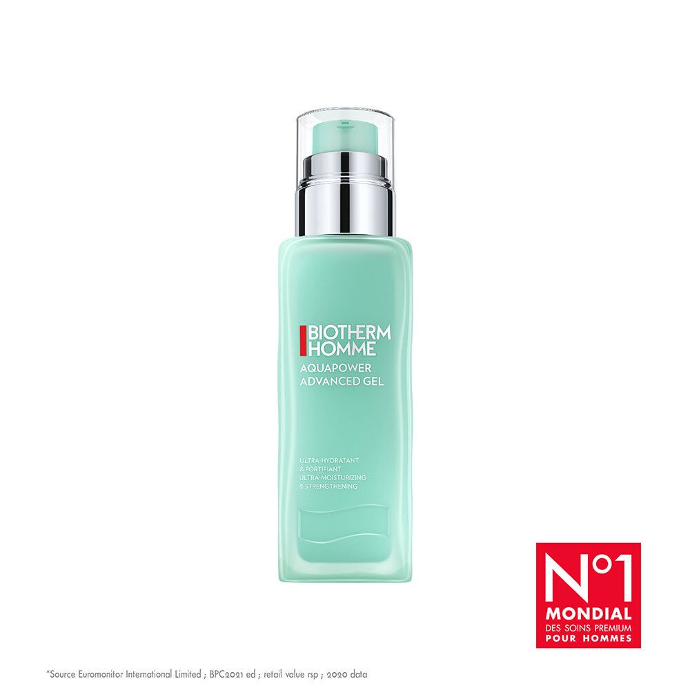BIOTHERM Homme Aquapower Gel. Türkisgrüne Flasche mit silbernem Pumpkopf. Auszeichnung 'N°1 Mondial'.