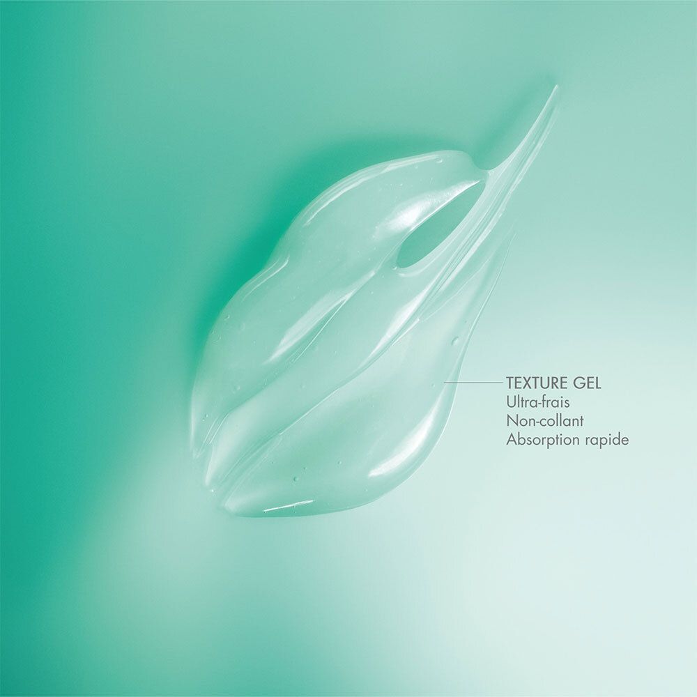 Gel-Textur. Türkisgrün, transparent. Beschriftung: TEXTURE GEL, Ultra-frisch, Nicht-klebend, Schnell absorbierend.