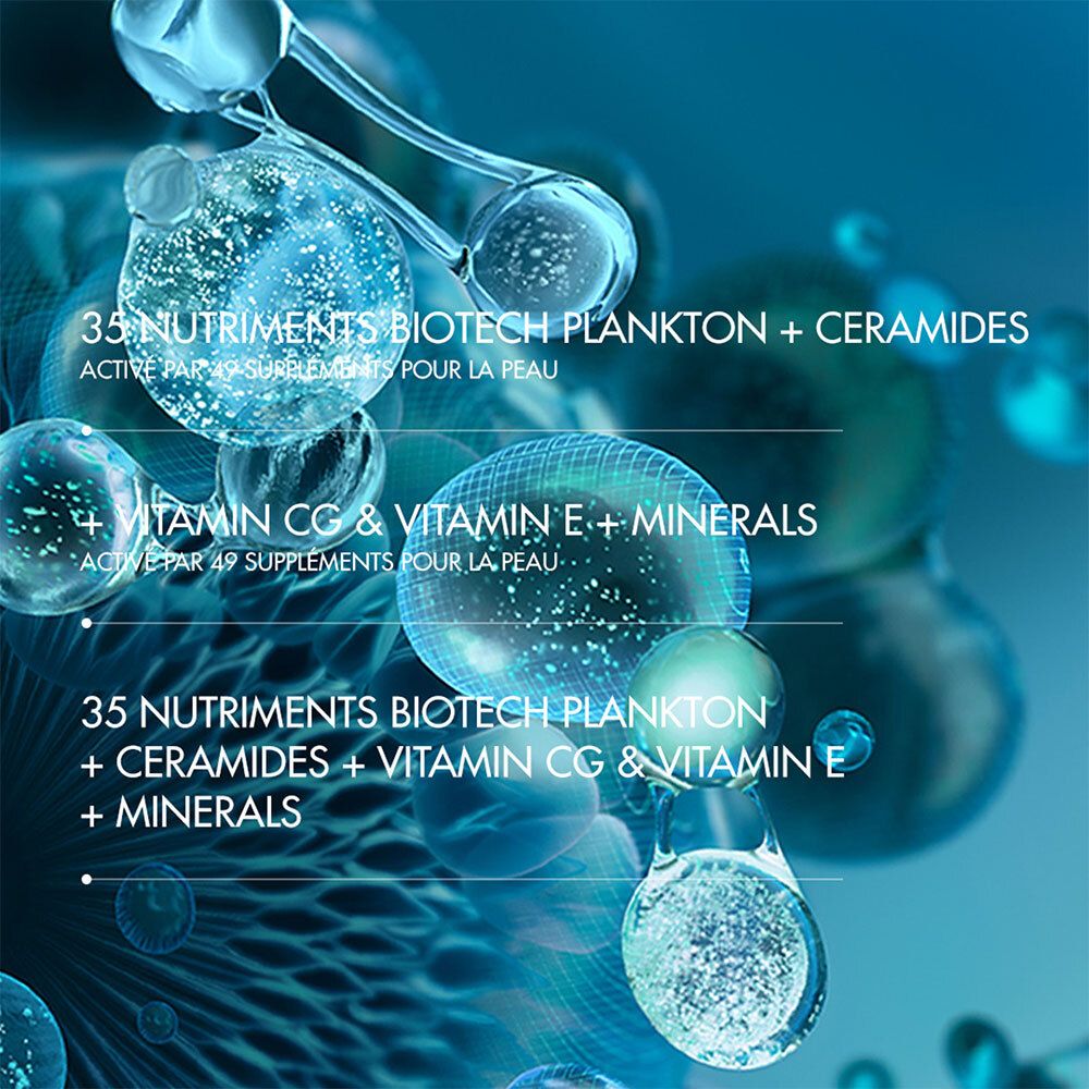 Grafik mit Inhaltsstoffen. 35 Nährstoffe, Biotech Plankton, Ceramiden, Vitamin CG, E und Mineralien.