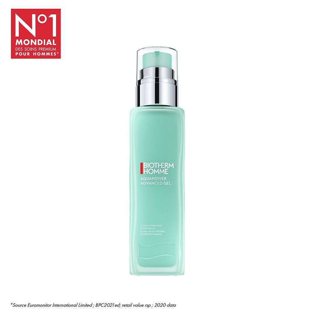 Flacon turquoise avec pompe. BIOTHERM HOMME AQUAPOWER ADVANCED GEL. Label.