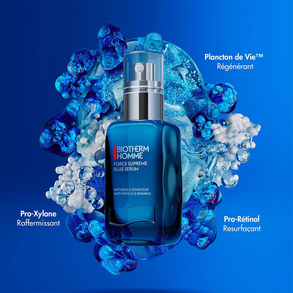 Flacon de sérum BIOTHERM Homme, bleu. Texte et éléments bleus. Anti-âge.