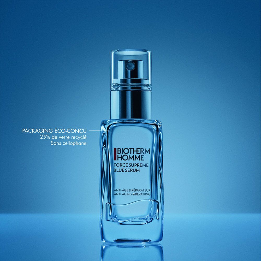 Sérum bleu BIOTHERM Homme. Flacon avec vaporisateur. Emballage éco.