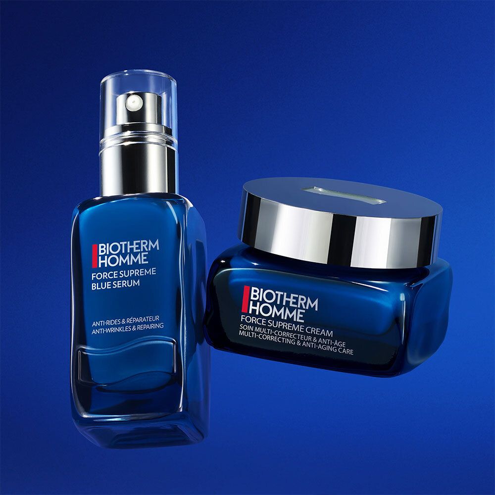 Sérum et crème BIOTHERM Homme. Flacons et pot bleus. Anti-âge.
