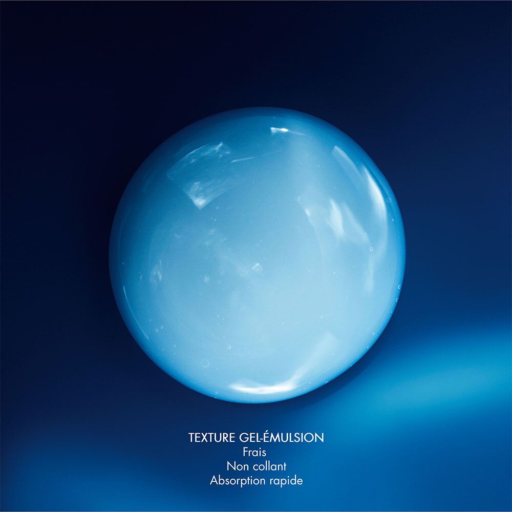 Boule bleue, ronde. Texture gel-émulsion. Non collant, absorption rapide.