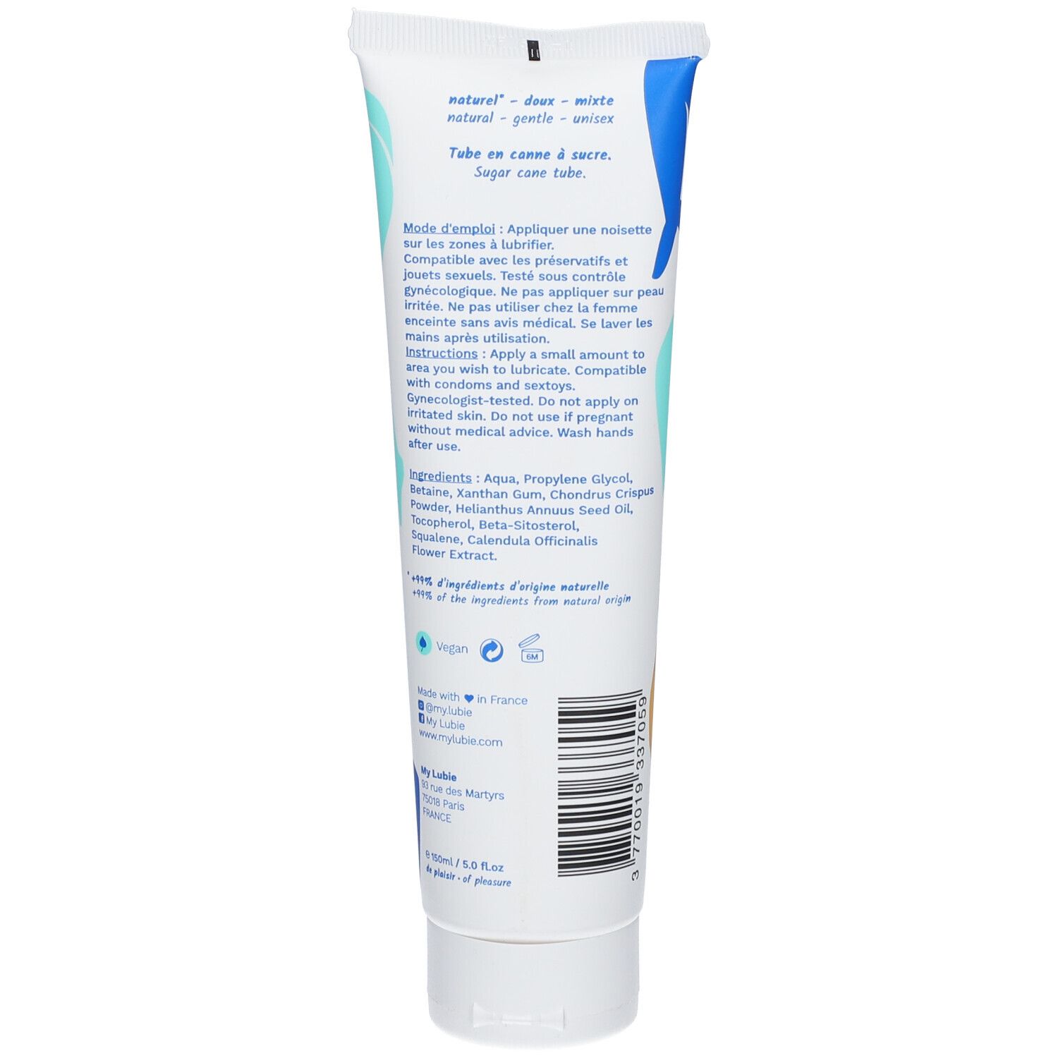 Tube souple blanc et bleu. Ingrédients et instructions en plusieurs langues. Logo végan.