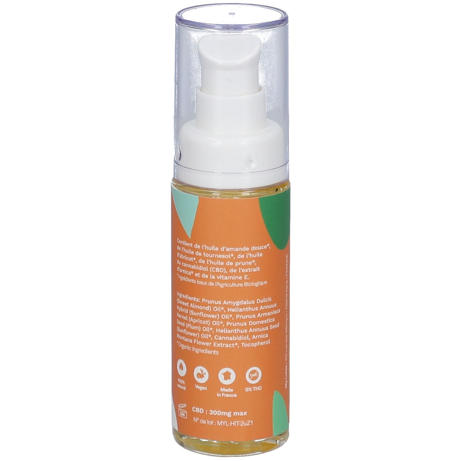 Flacon avec pompe. Inscription: My Lubie, Huile intime au CBD. Ingrédients, CBD 300mg max.