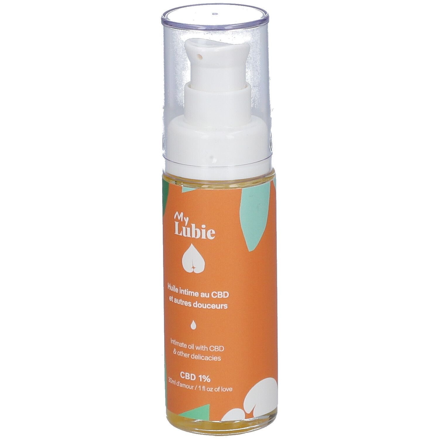 Flacon avec pompe. Inscription: My Lubie, Huile intime au CBD. CBD 1%.