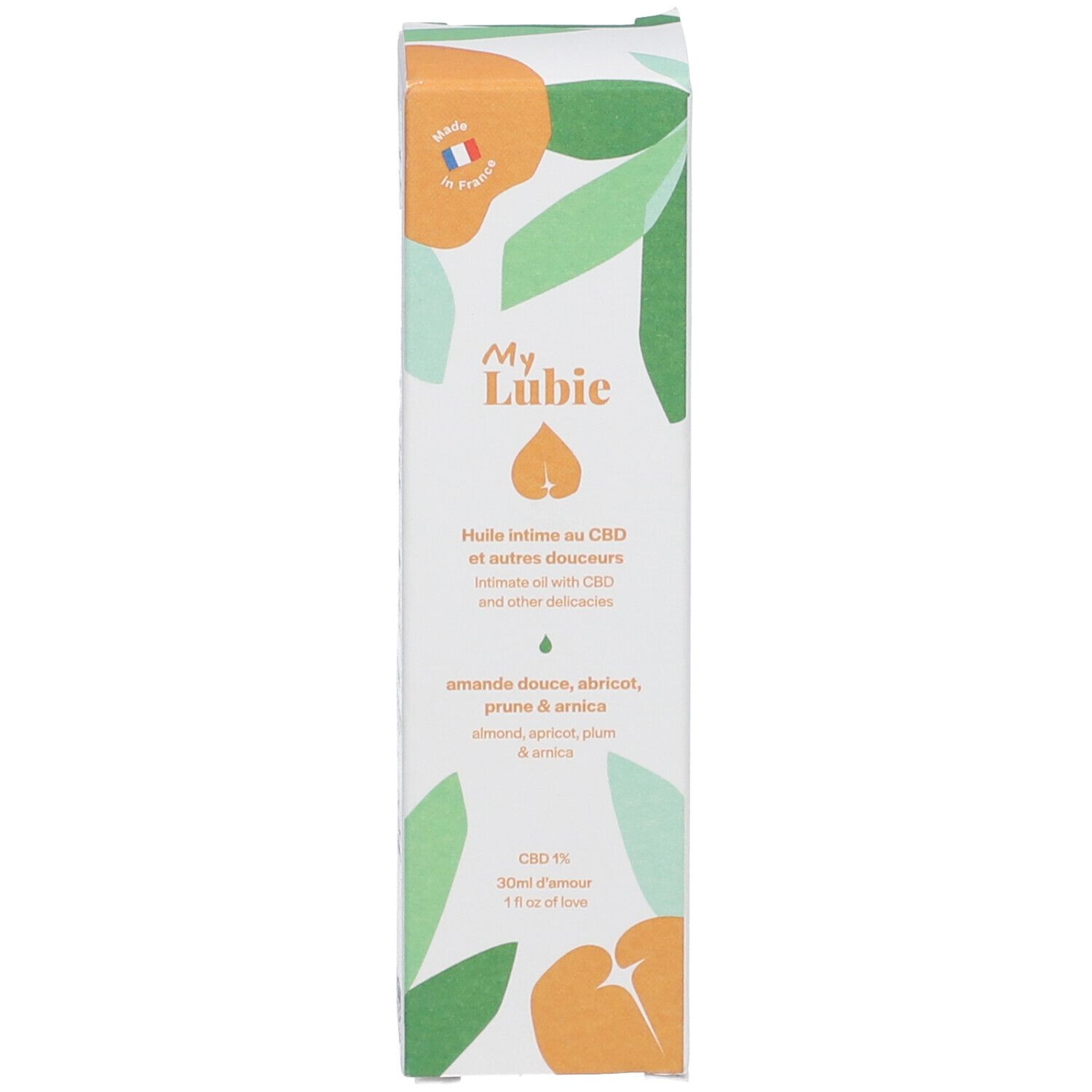 Emballage carton. Inscription: My Lubie, Huile intime au CBD. CBD 1%.