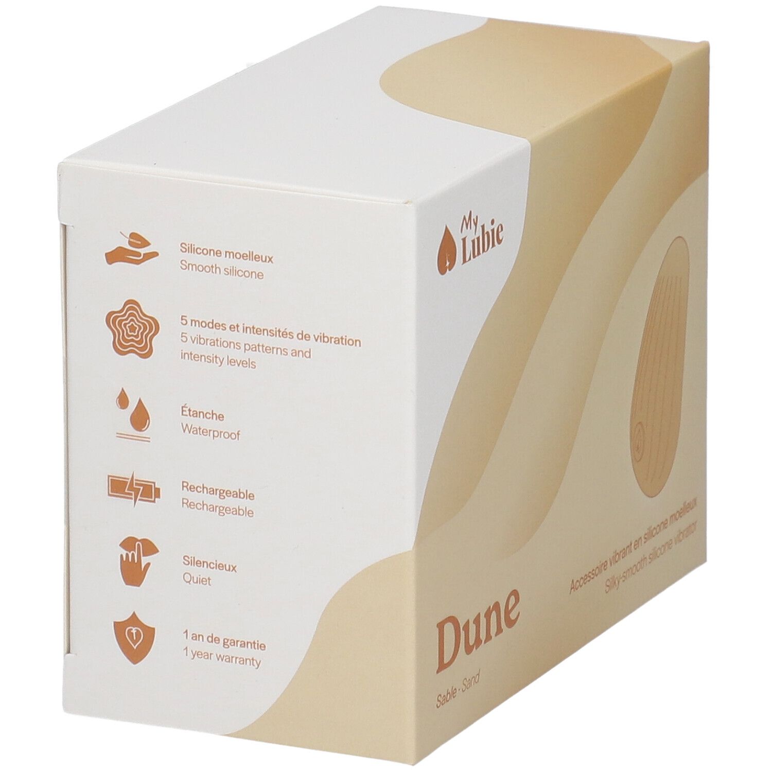 Boîte My Lubie Dune, vibromasseur en silicone. Texte: 5 modes de vibration, étanche, rechargeable, silencieux, garantie 1 an.
