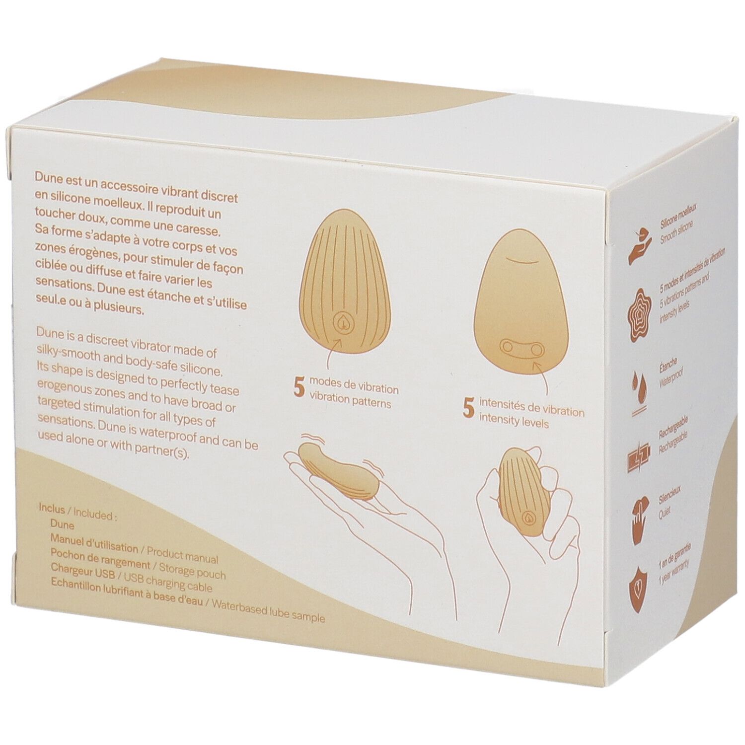 Dos de la boîte My Lubie Dune. Texte: 5 modes de vibration, 5 niveaux d'intensité. Illustration du produit et accessoires.