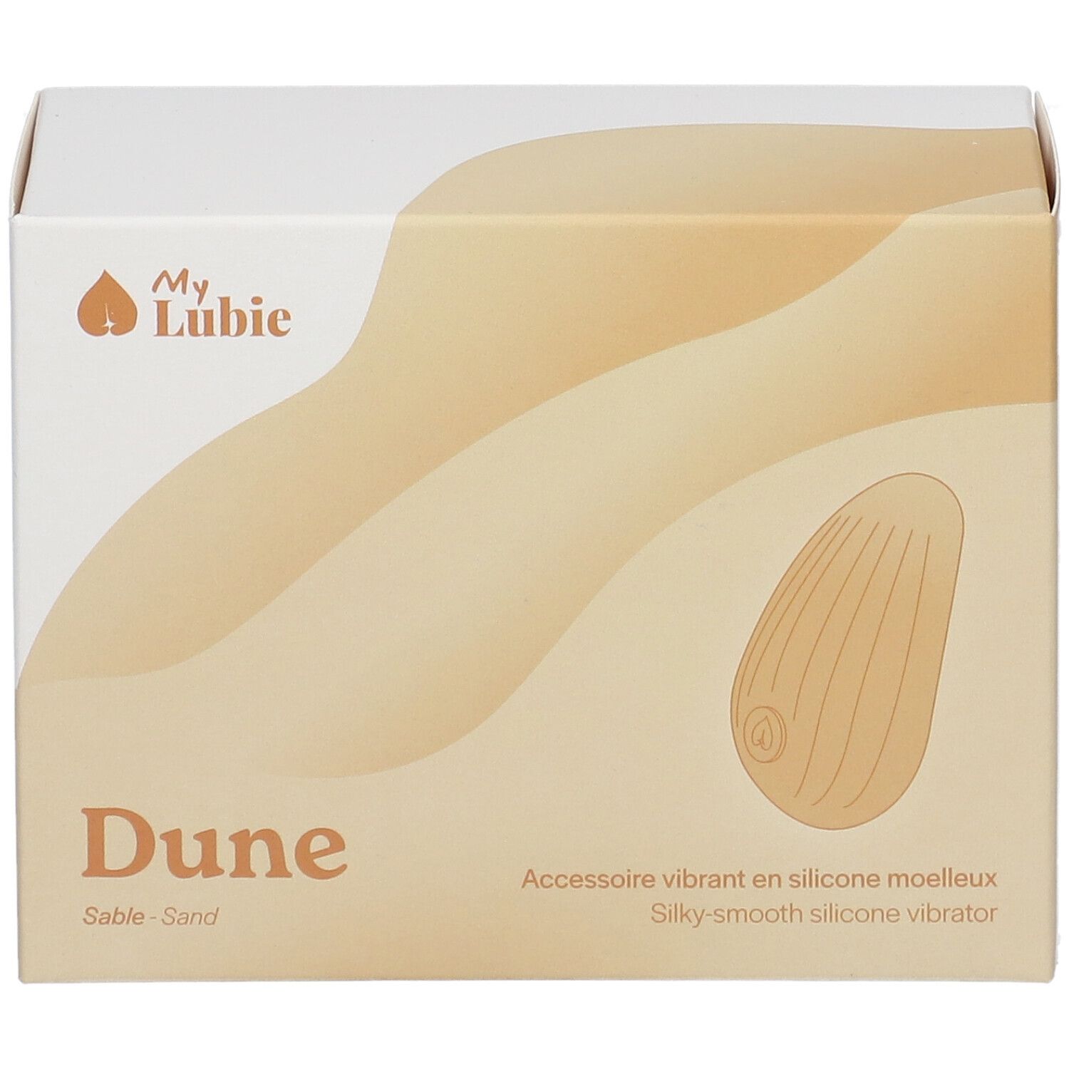 Boîte My Lubie Dune, couleur sable. Texte: Accessoire vibrant en silicone souple.