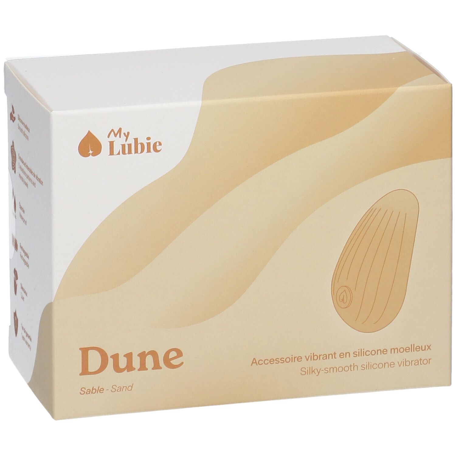 Boîte My Lubie Dune, couleur sable. Logo My Lubie. Texte: Accessoire vibrant en silicone souple.