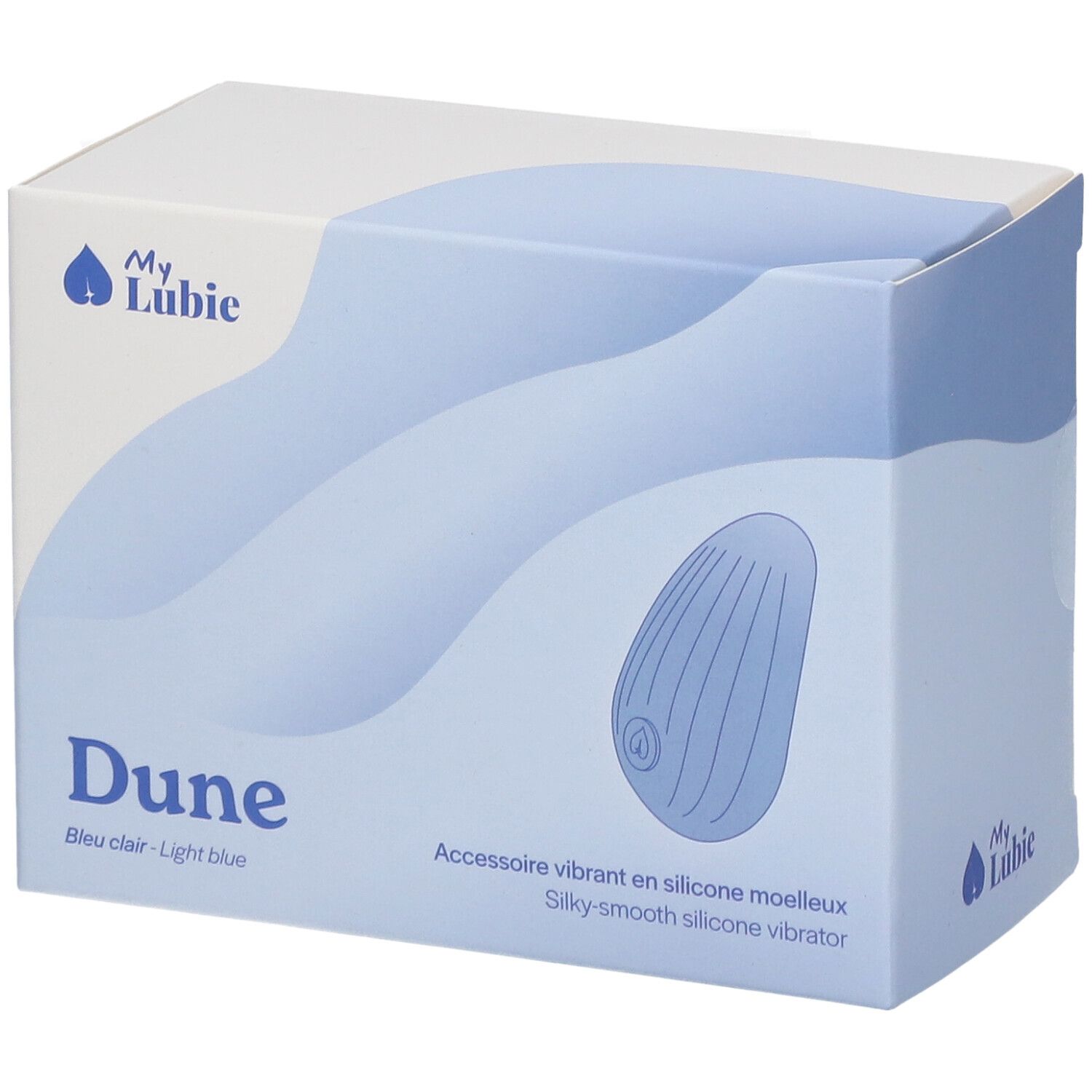Boîte My Lubie Dune. Bleu clair. Illustration du produit. Texte: Dune, Bleu clair - Light blue. Accessoire vibrant en silicone.
