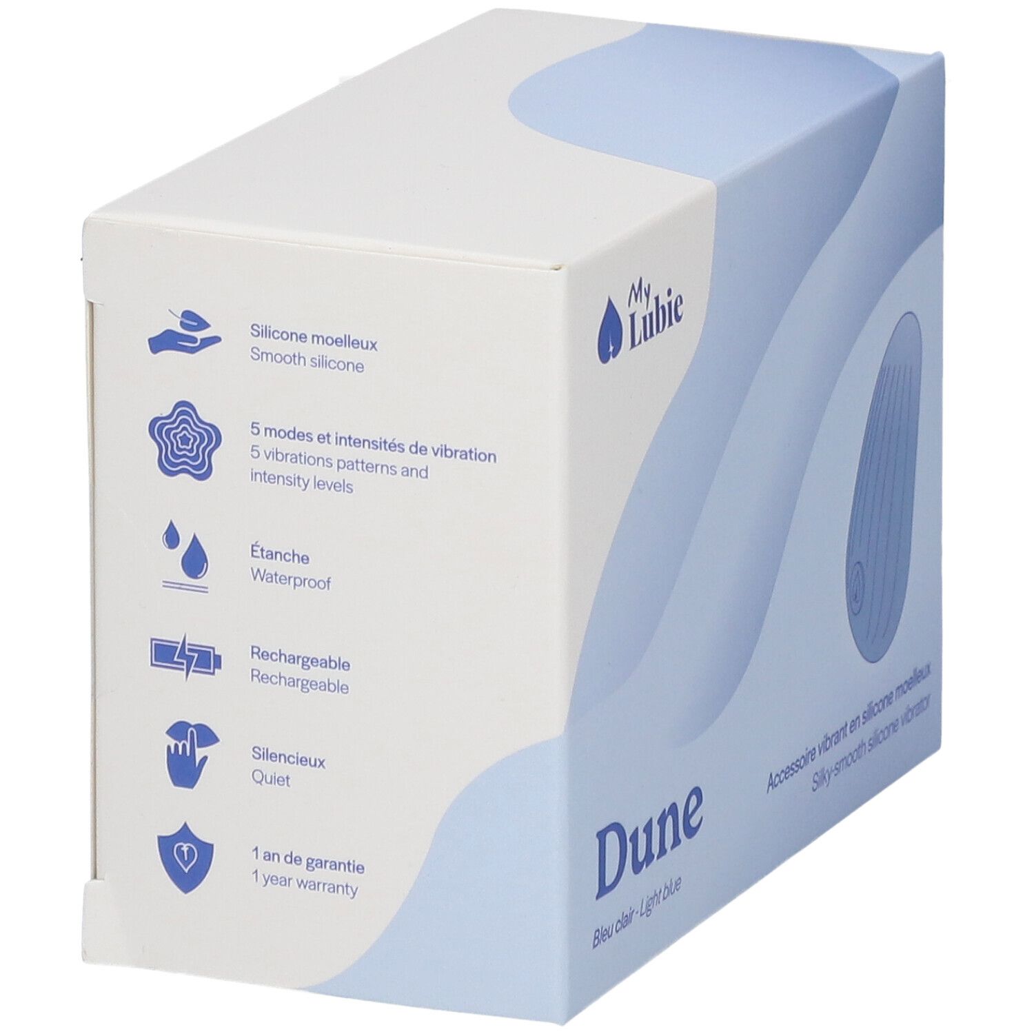 Boîte My Lubie Dune. Informations produit. 5 modes de vibration, étanche, rechargeable. Texte: Dune, Bleu clair - Light blue.