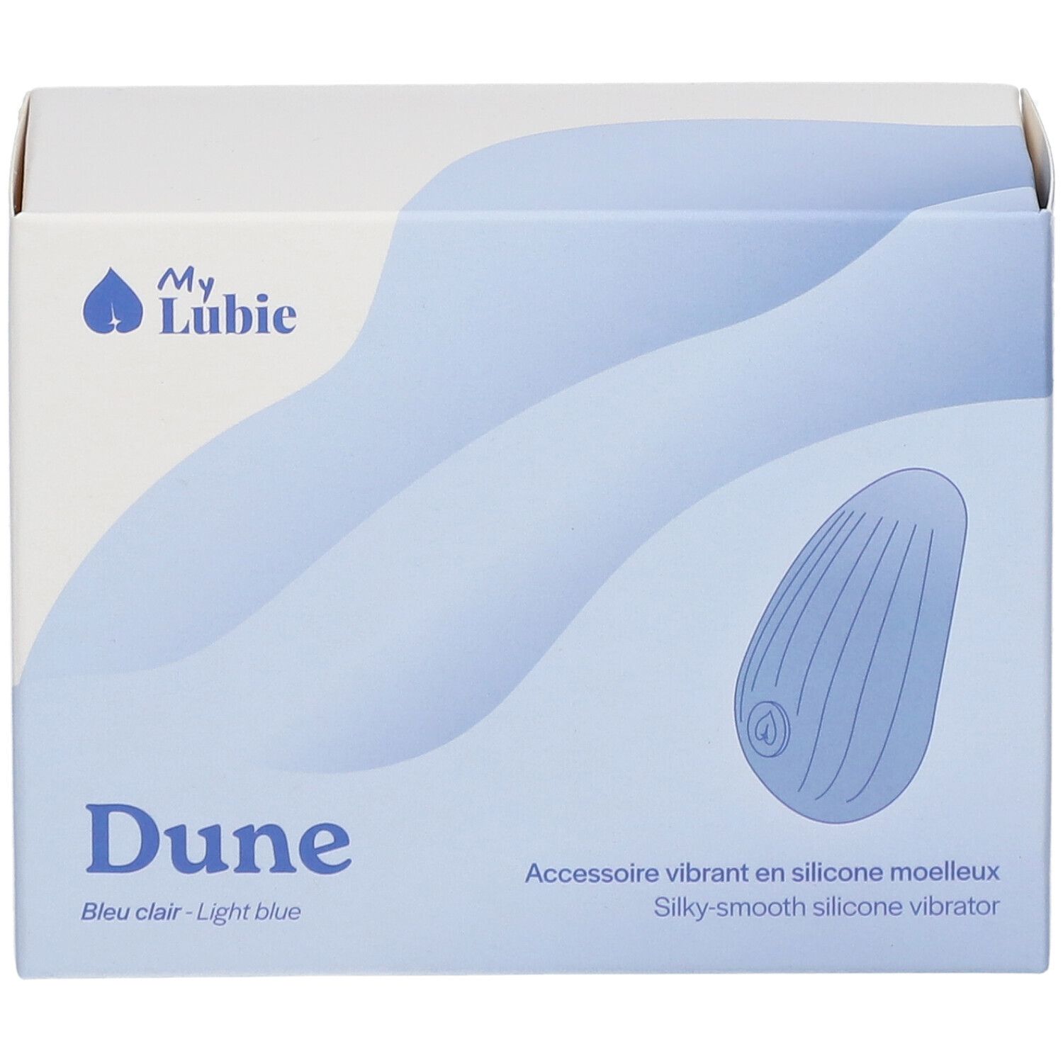 Boîte My Lubie Dune. Bleu clair. Illustration du produit. Texte: Dune, Bleu clair - Light blue. Vibrateur.