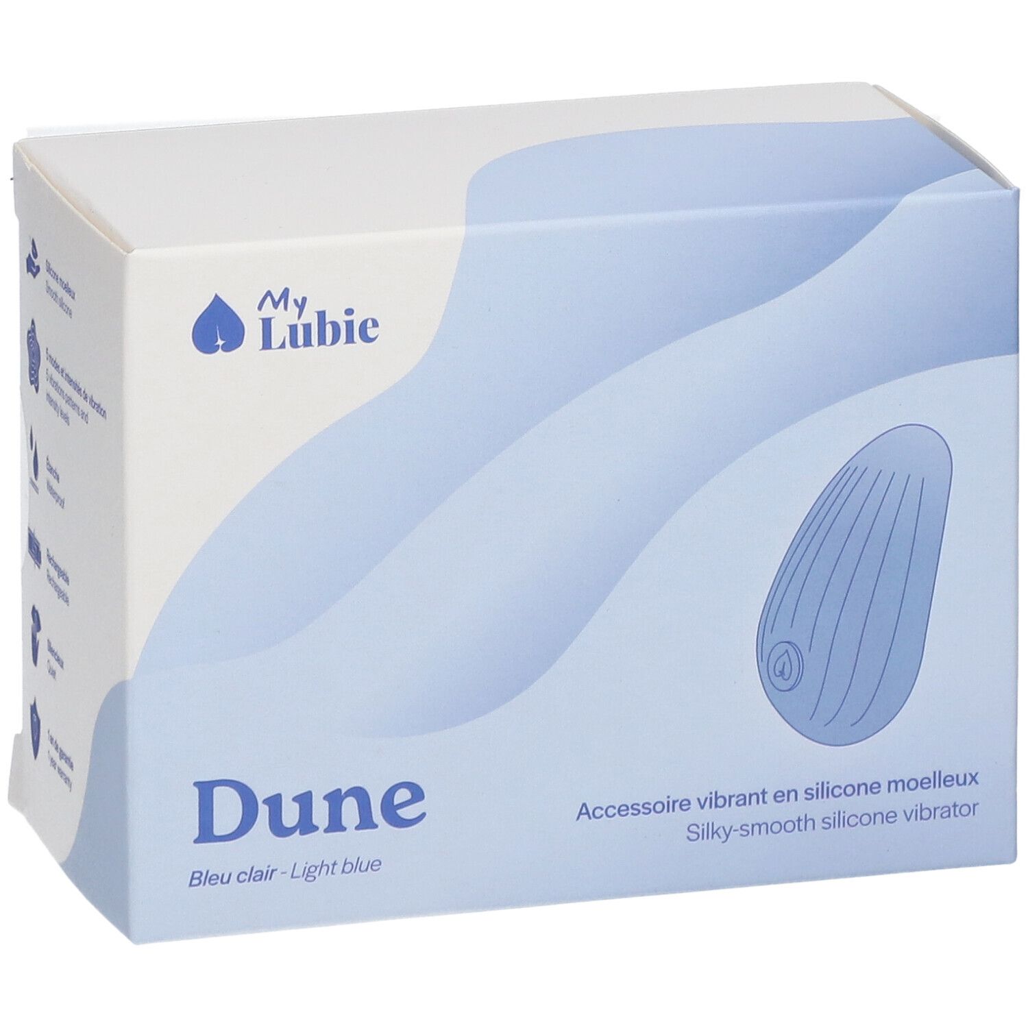 Boîte My Lubie Dune. Bleu clair. Illustration du produit. Texte: Dune, Bleu clair - Light blue. Vibrateur.