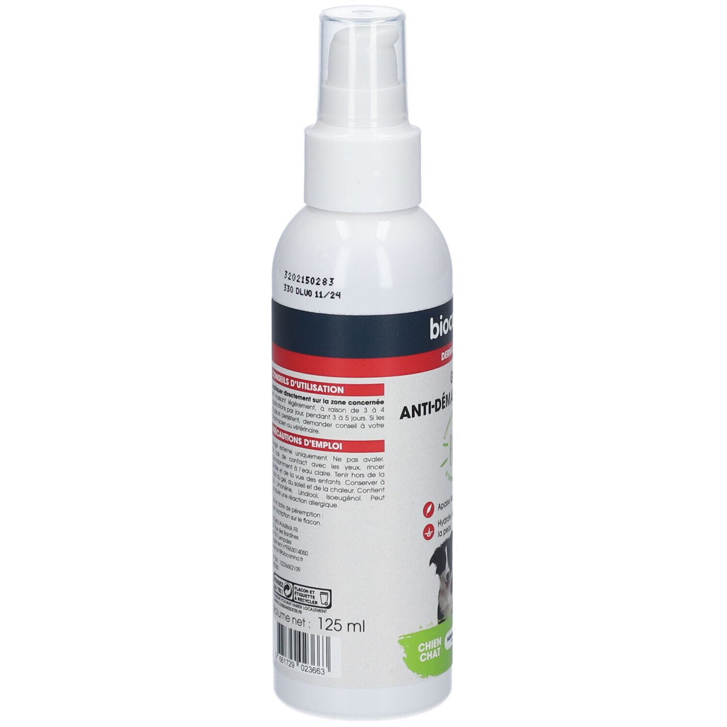 Flacon spray blanc avec bande rouge et bleue. Texte: ANTI-DEMANGEAISONS, 125 ml. Inscriptions et texte en français.