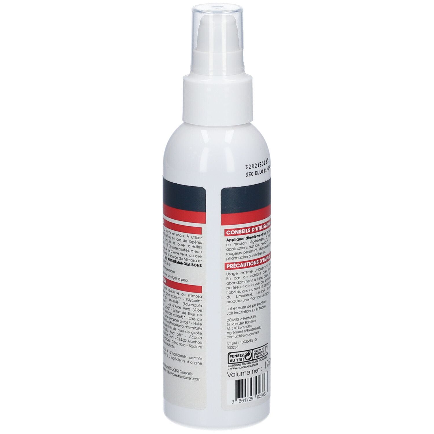 Flacon spray blanc avec bande rouge et bleue. Texte en français. Volume: 125 ml.