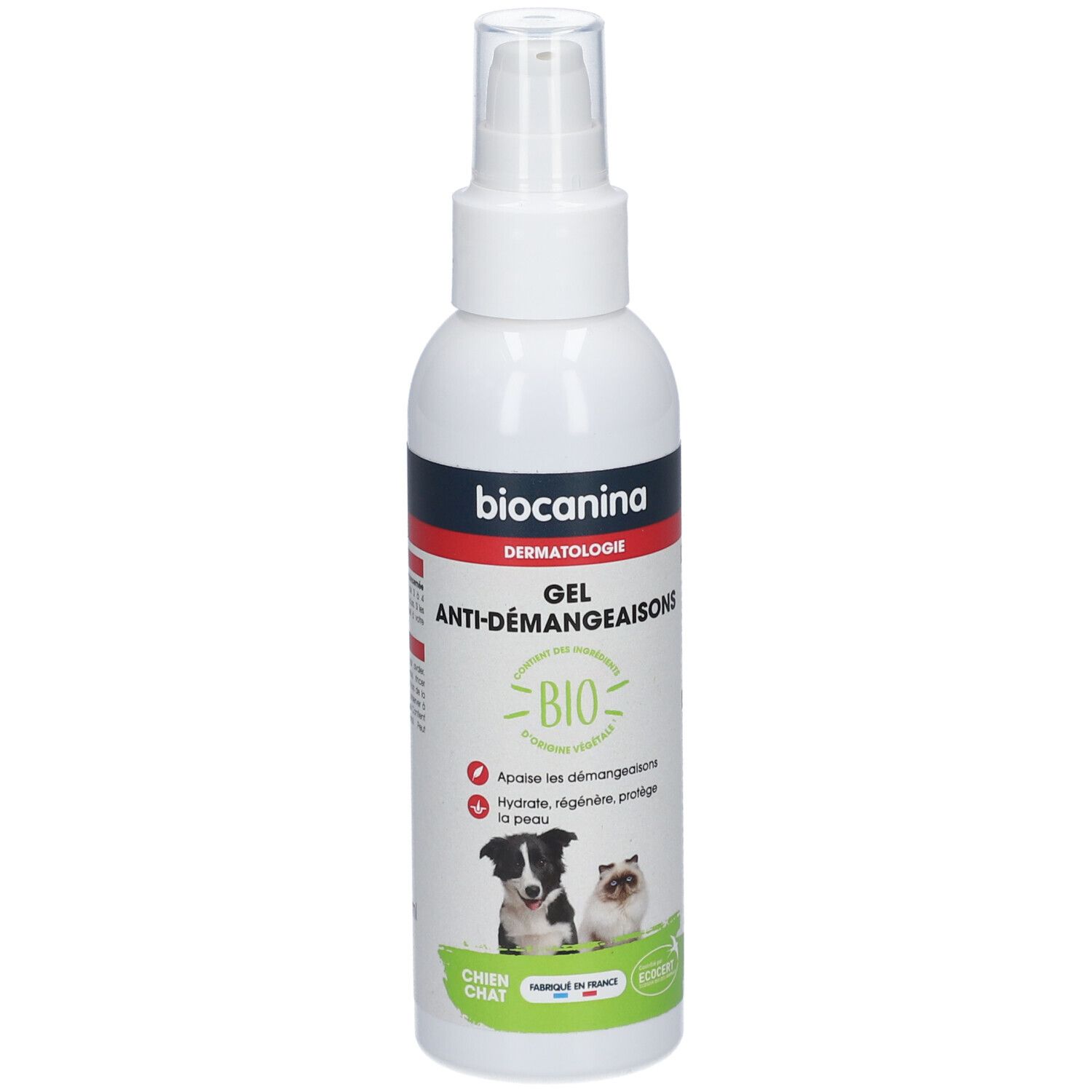 Flacon spray blanc. Inscription: Biocanina Dermatologie, GEL ANTI-DÉMANGEAISONS, BIO. Illustration chien et chat. Fabriqué en France.