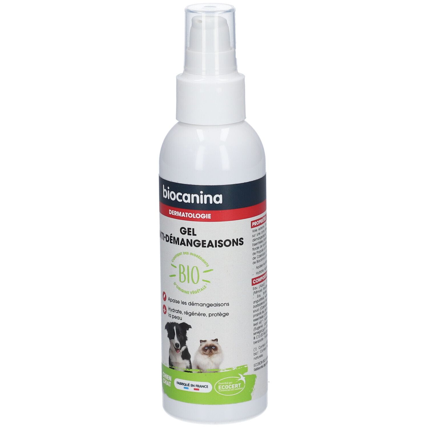 Flacon spray blanc. Inscription: Biocanina Dermatologie, GEL ANTI-DÉMANGEAISONS, BIO. Illustration chien et chat. Fabriqué en France.