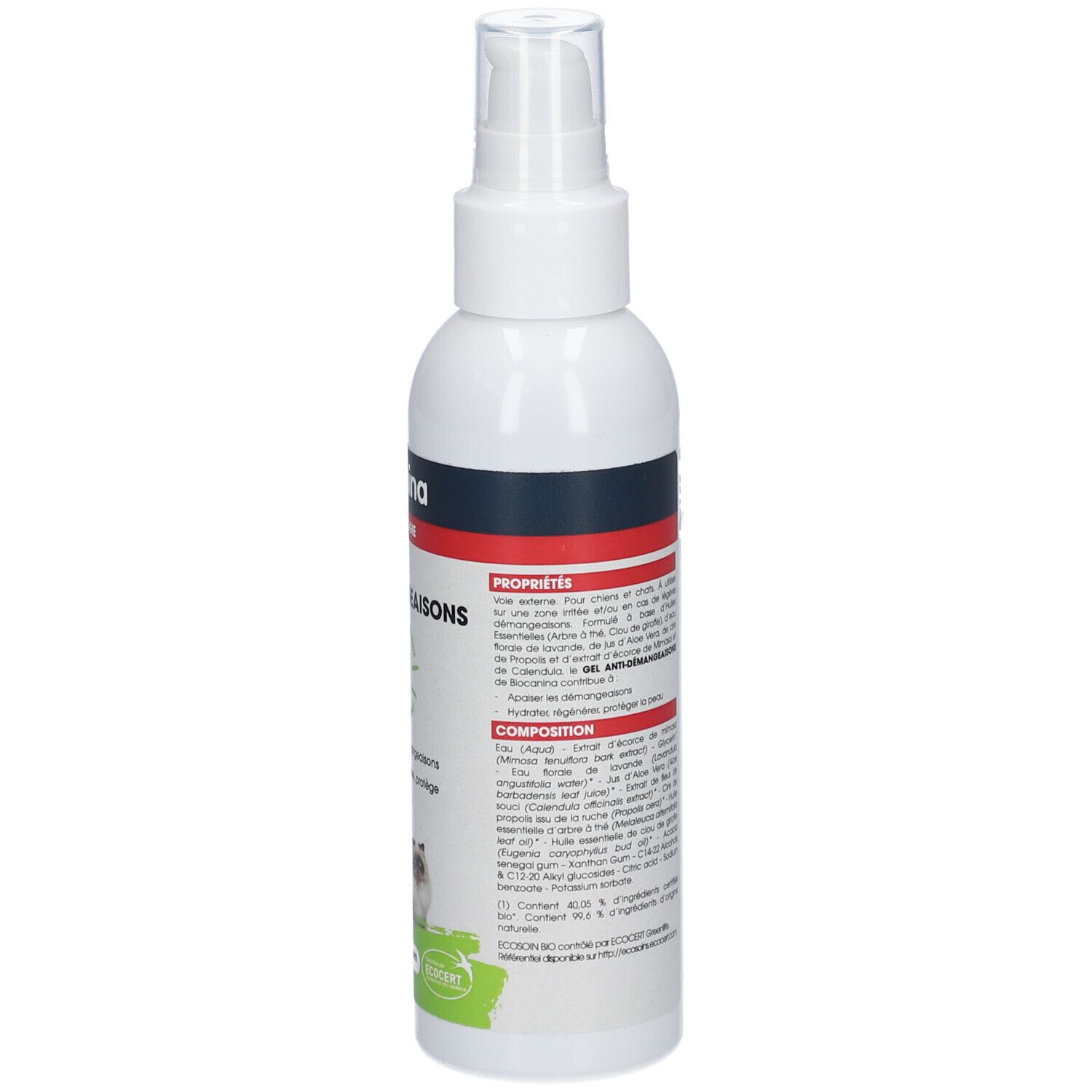 Flacon spray blanc. Texte en français. Inscription: Biocanina Dermatologie, GEL ANTI-DÉMANGEAISONS. Composition et propriétés.