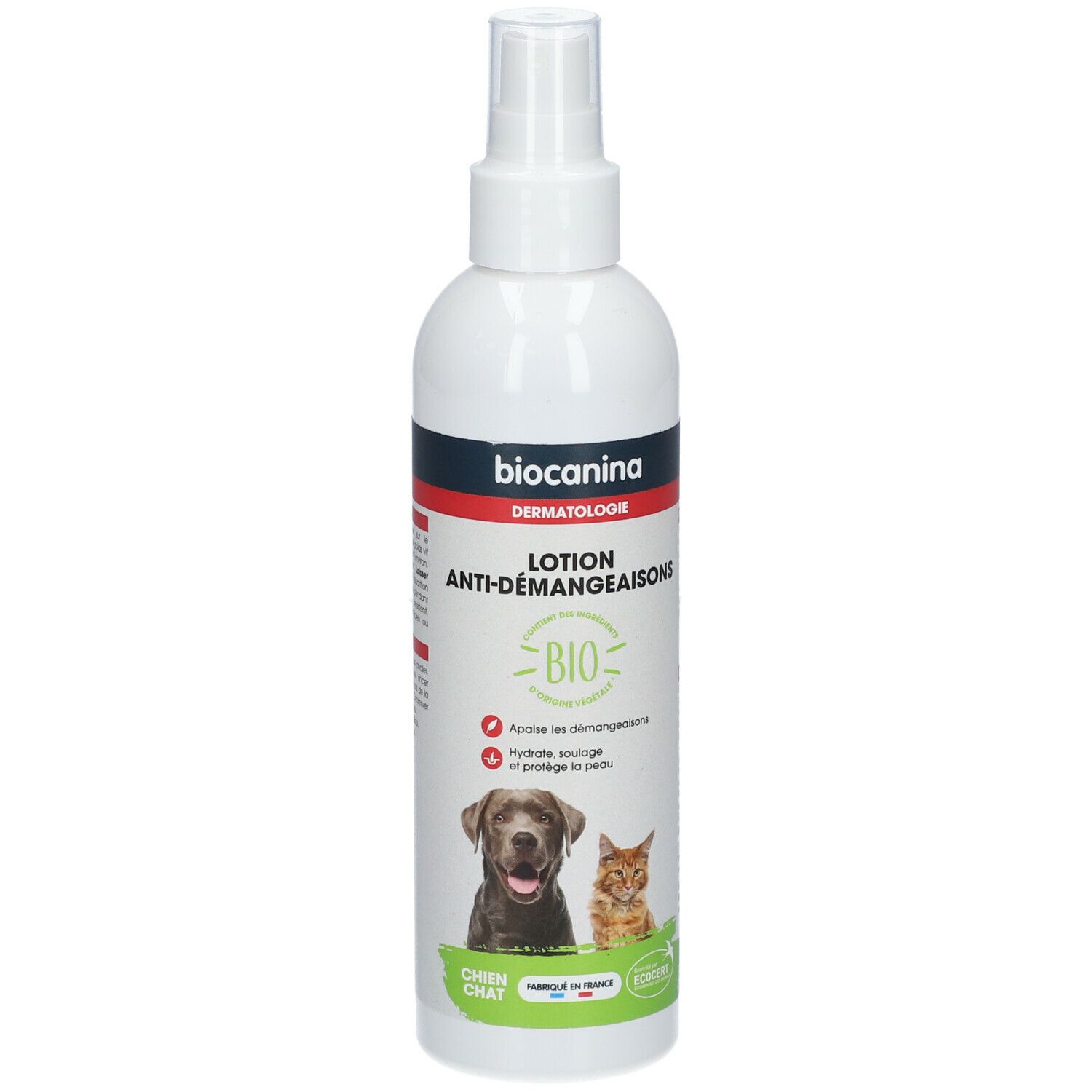 Flacon spray blanc. Étiquette: biocanina Dermatologie Lotion Anti-Démangeaisons BIO. Illustration chien et chat.