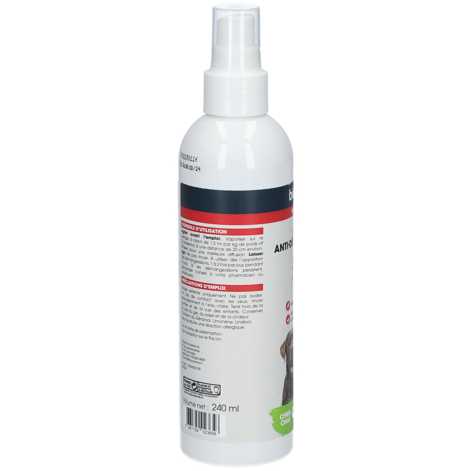 Dos du flacon spray blanc. Informations textuelles et ingrédients. Volume: 240 ml. Fabriqué en France.