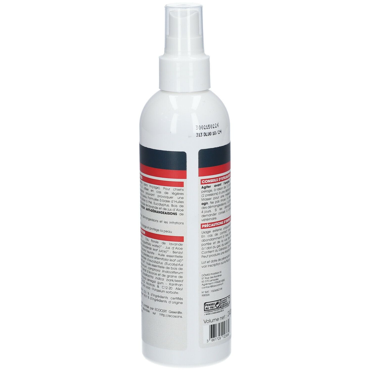 Dos du flacon spray blanc. Informations textuelles et ingrédients. Volume: 240 ml. Fabriqué en France.