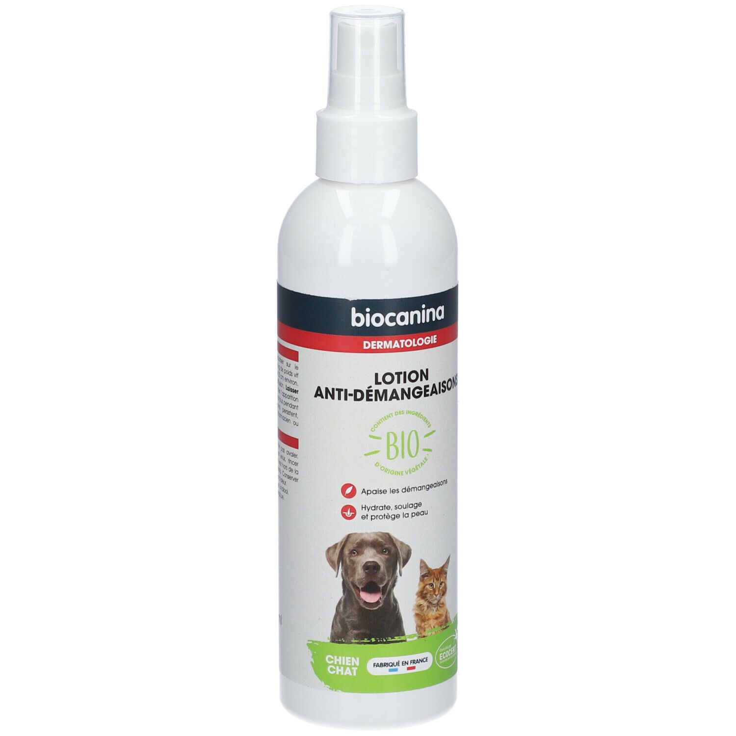 Flacon spray blanc. Étiquette: biocanina Dermatologie Lotion Anti-Démangeaisons BIO. Illustration chien et chat.