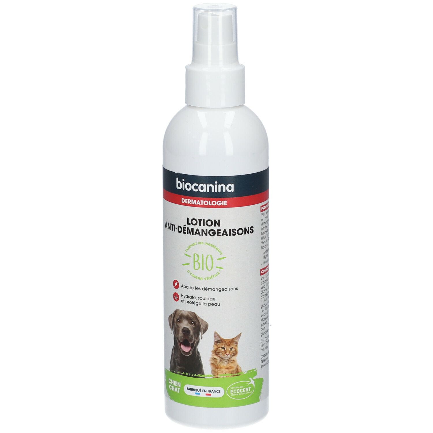 Flacon spray blanc. Étiquette: biocanina Dermatologie Lotion Anti-Démangeaisons BIO. Illustration chien et chat.