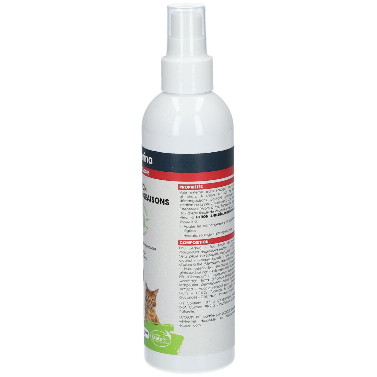 Dos du flacon spray blanc. Informations textuelles et ingrédients. Volume: 240 ml. Fabriqué en France.