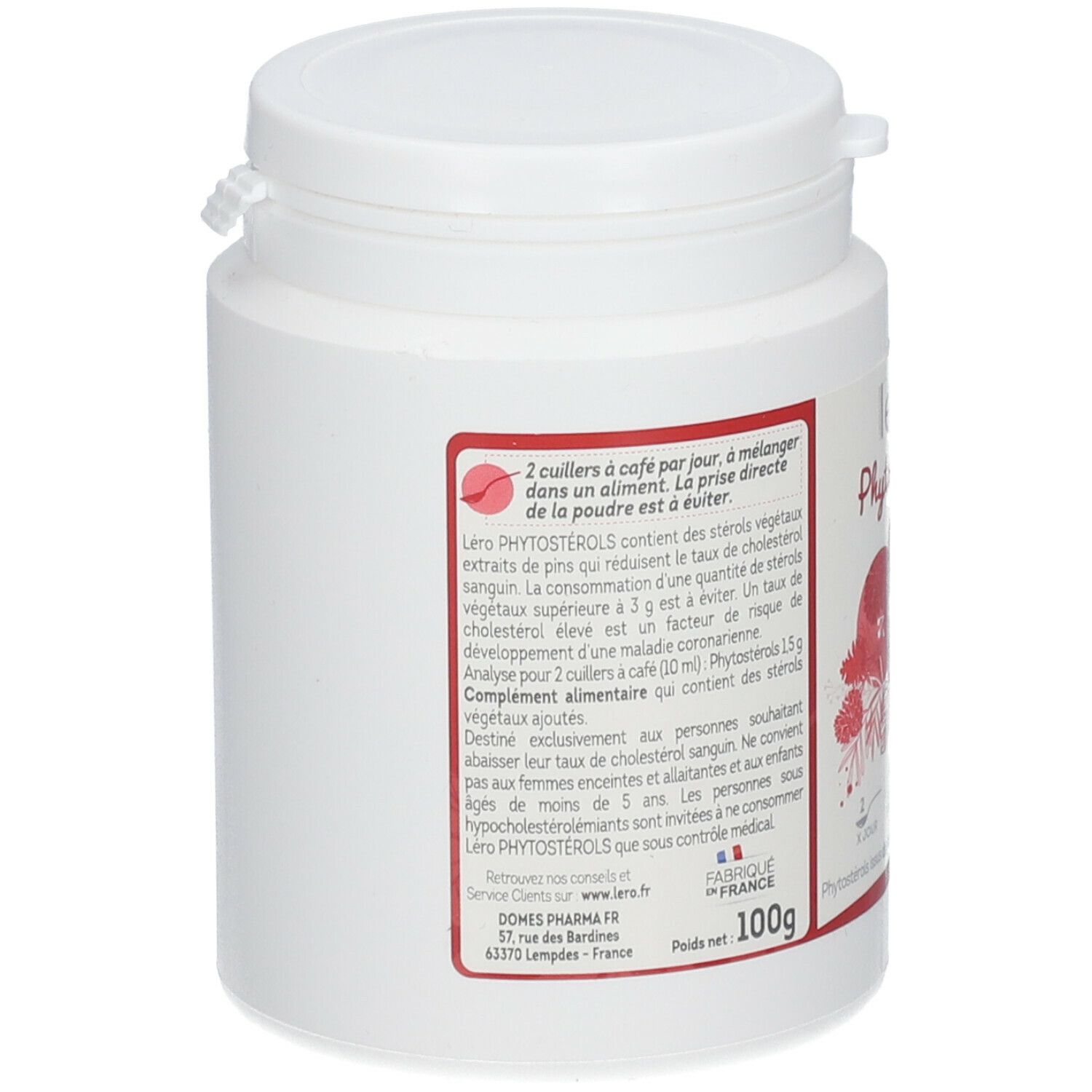Pot blanc avec étiquette rouge. Inscription: Léro Phytostérols. 100g. Avec couvercle. Texte en français.