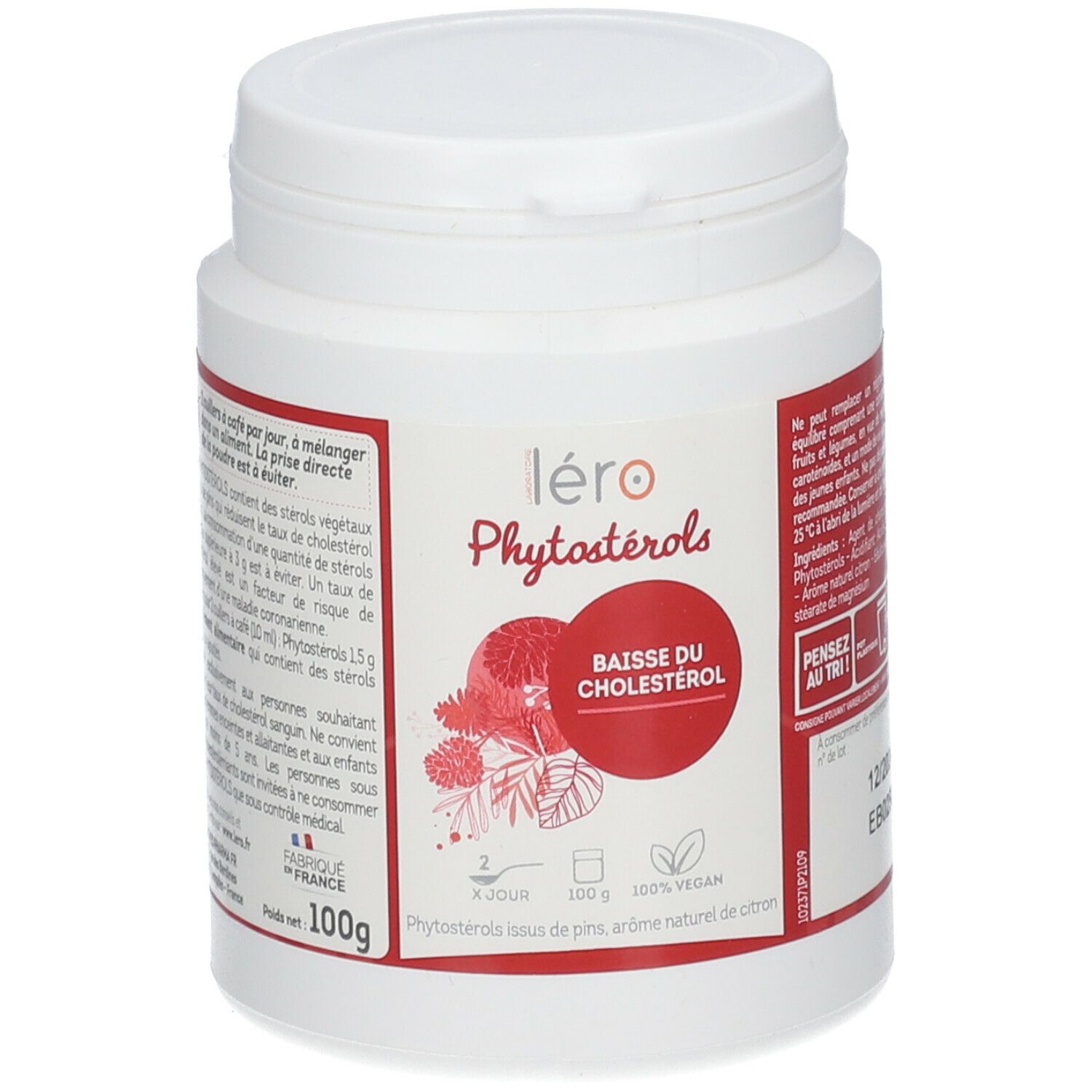 Pot blanc avec étiquette rouge. Inscription: Léro Phytostérols, Baise du Cholestérol. 100g, 100% vegan. Avec couvercle.