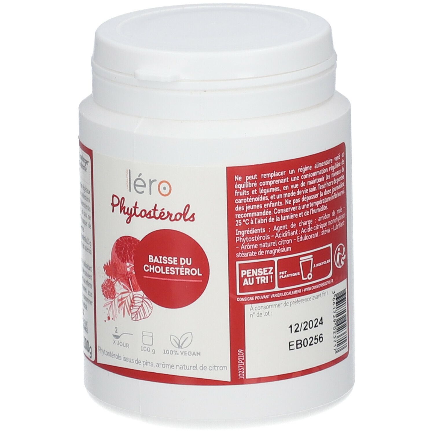 Pot blanc avec étiquette rouge. Inscription: Léro Phytostérols. 100g, 100% vegan. Avec couvercle. Texte en français.