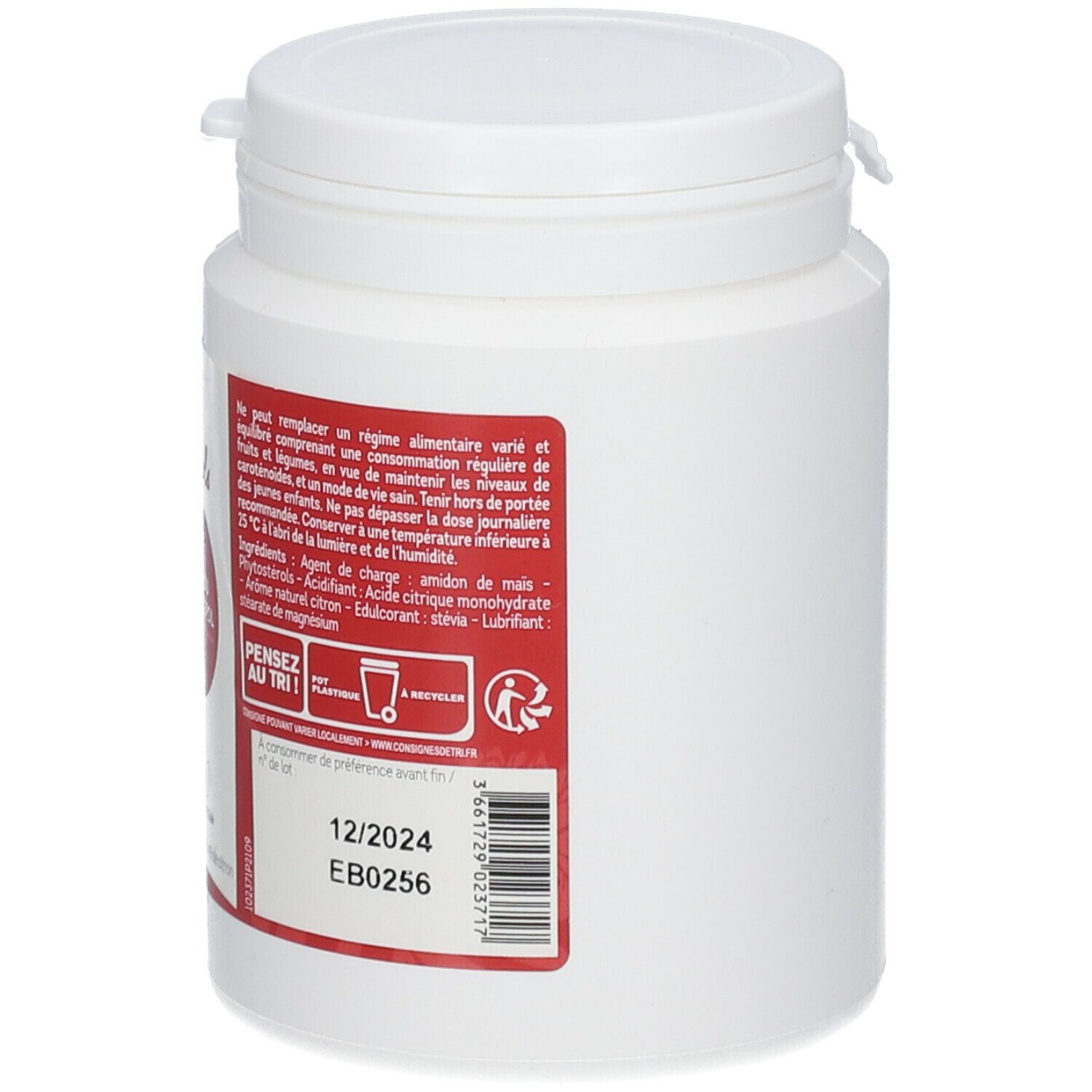 Pot blanc avec étiquette rouge. Inscription: Léro Phytostérols. 100g. Avec couvercle. Texte en français.