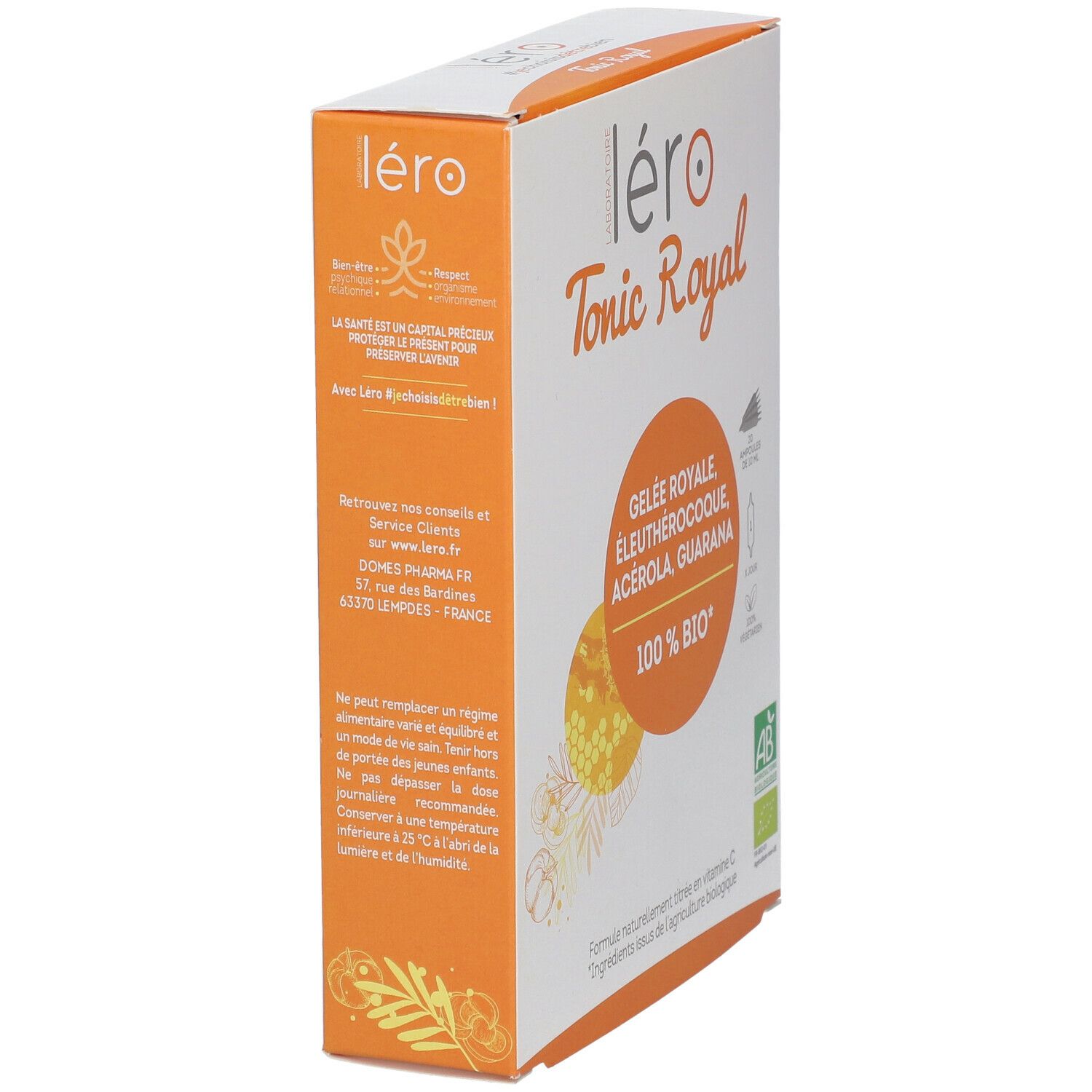 Vue latérale de la boîte Léro Tonic Royal BIO. Contient Gelée Royale, Éleuthérocoque, Acérola, Guarana. 100% BIO.