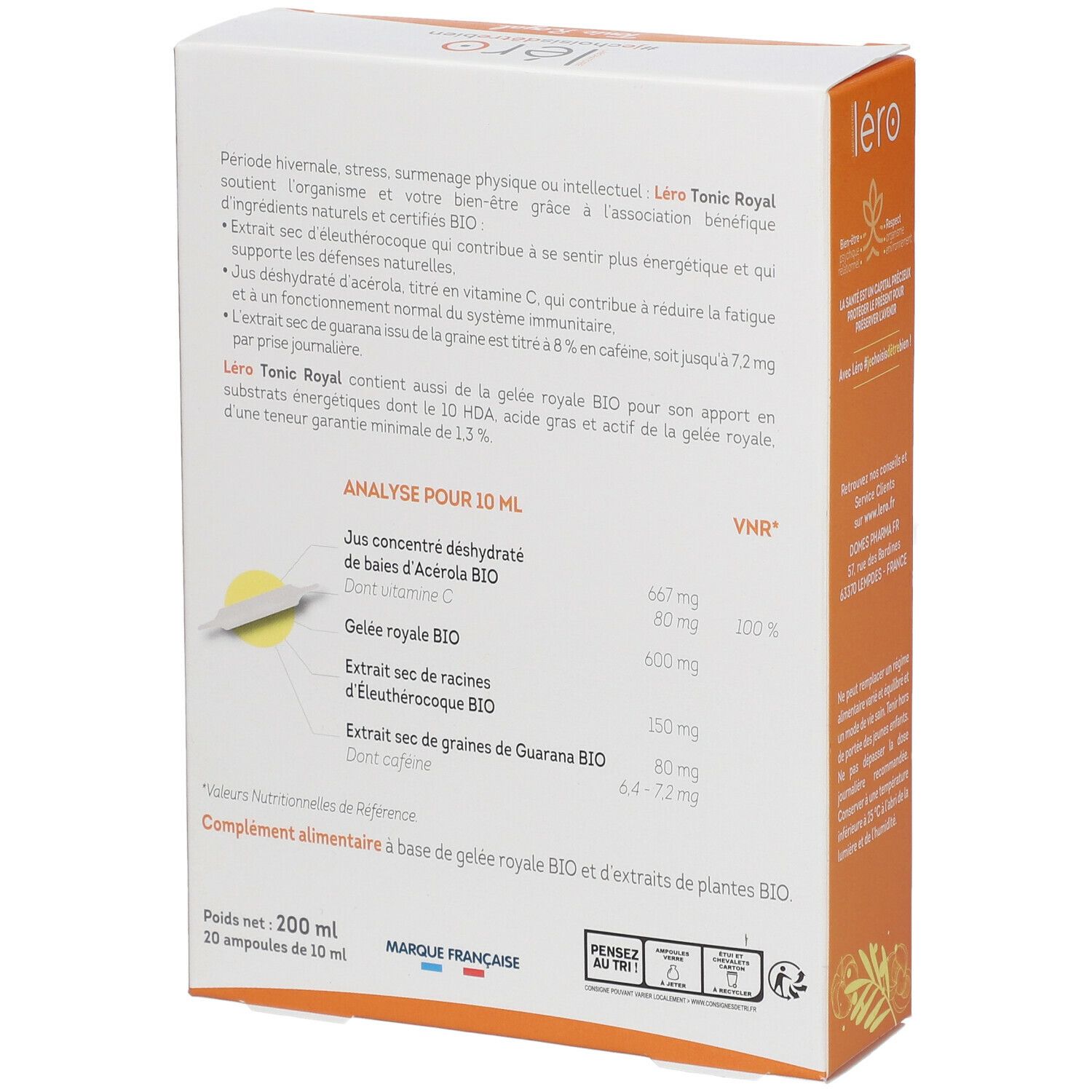 Dos de la boîte Léro Tonic Royal BIO. Contient analyse pour 10 ml, ingrédients, contenu net 200 ml.