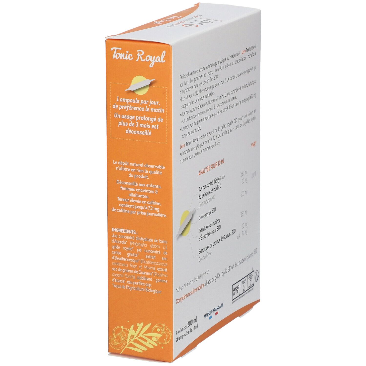 Vue latérale de la boîte Léro Tonic Royal BIO. Contient analyse pour 10 ml, ingrédients, contenu net 200 ml.