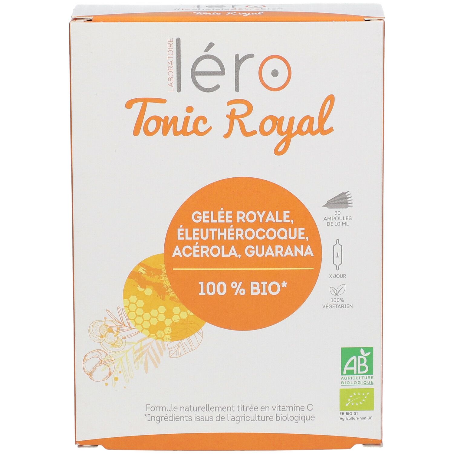 Vue de face de la boîte Léro Tonic Royal BIO. Contient Gelée Royale, Éleuthérocoque, Acérola, Guarana. 100% BIO.