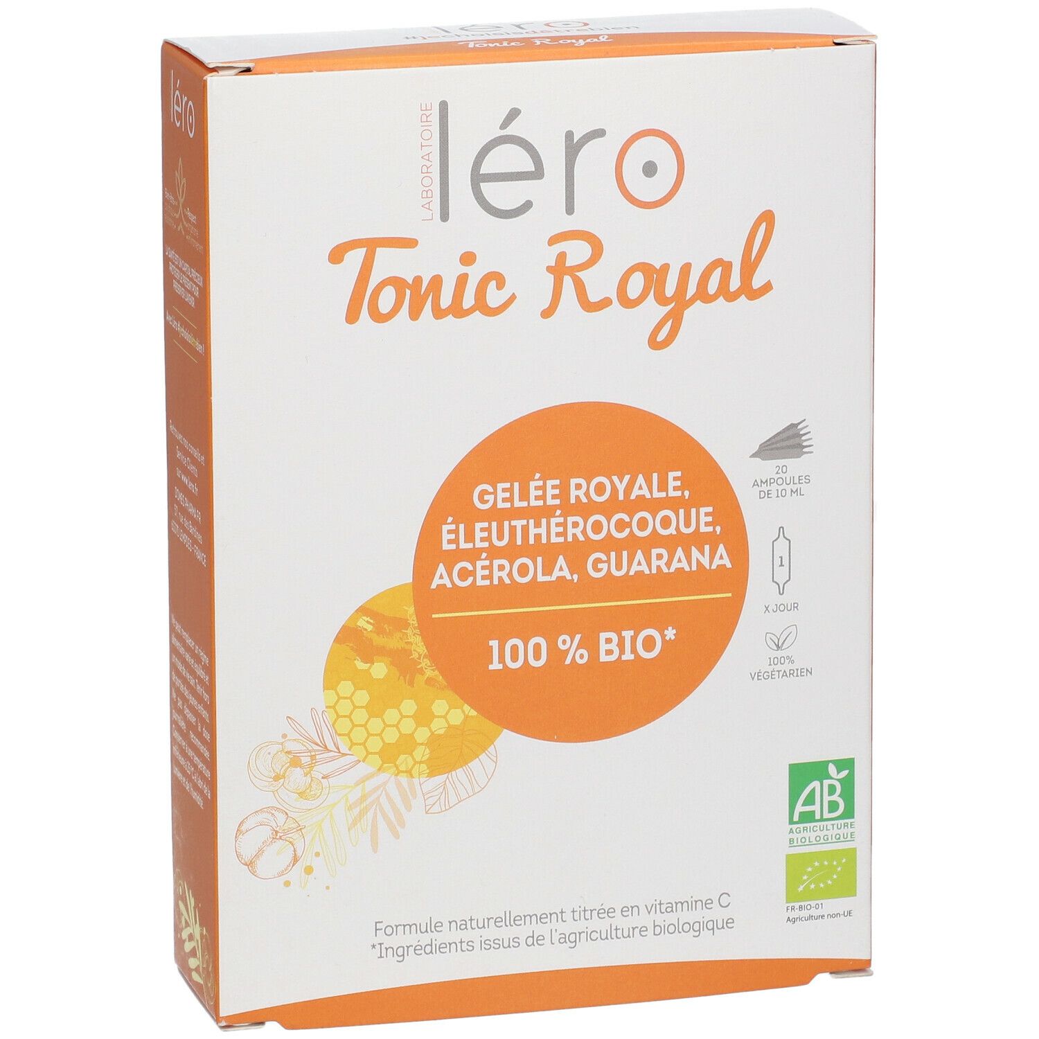 Vue de face de la boîte Léro Tonic Royal BIO. Contient Gelée Royale, Éleuthérocoque, Acérola, Guarana. 100% BIO.