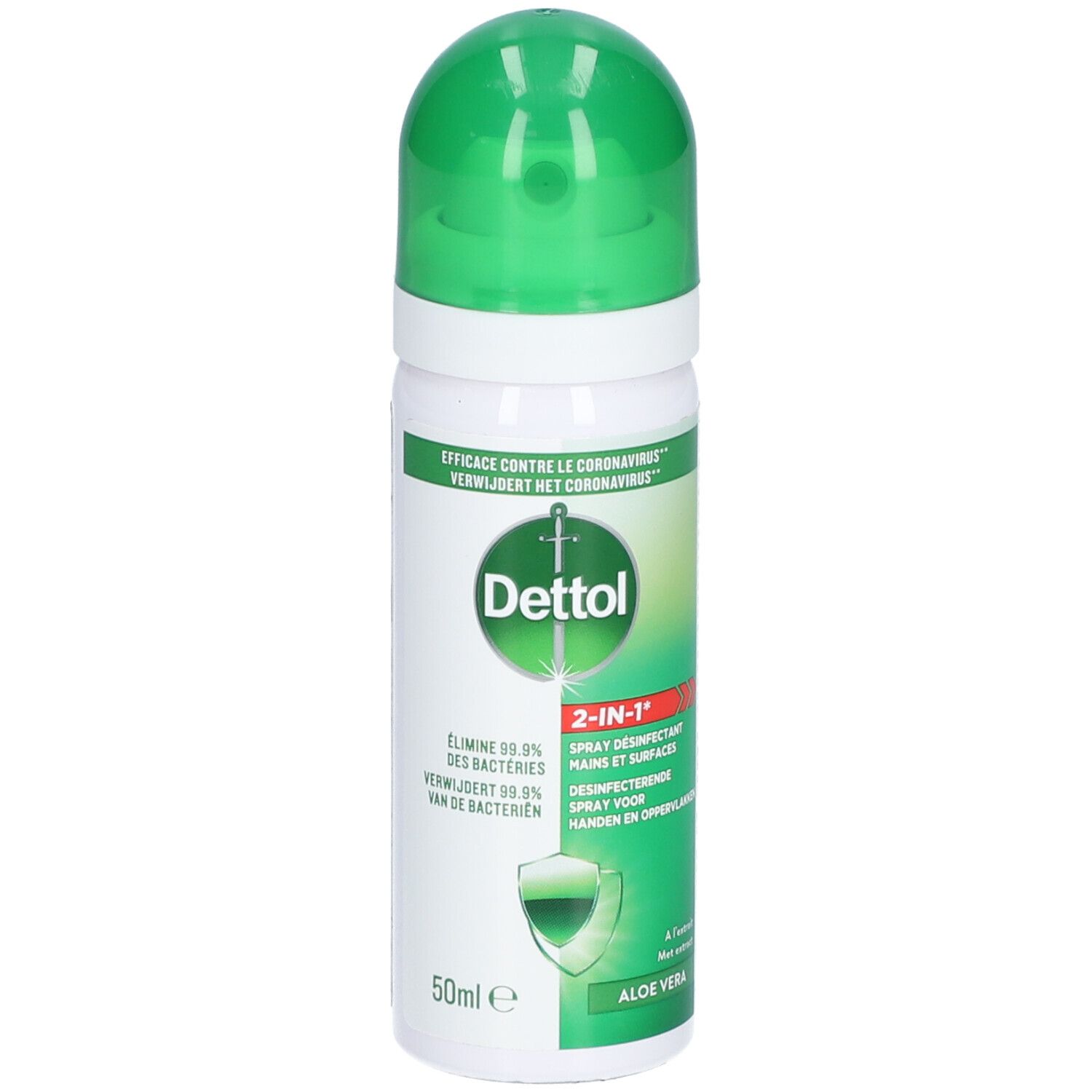 Spray désinfectant avec bouchon vert. Contient de l'aloe vera. Spray 2 en 1 pour mains et surfaces. Élimine 99,9% des bactéries.