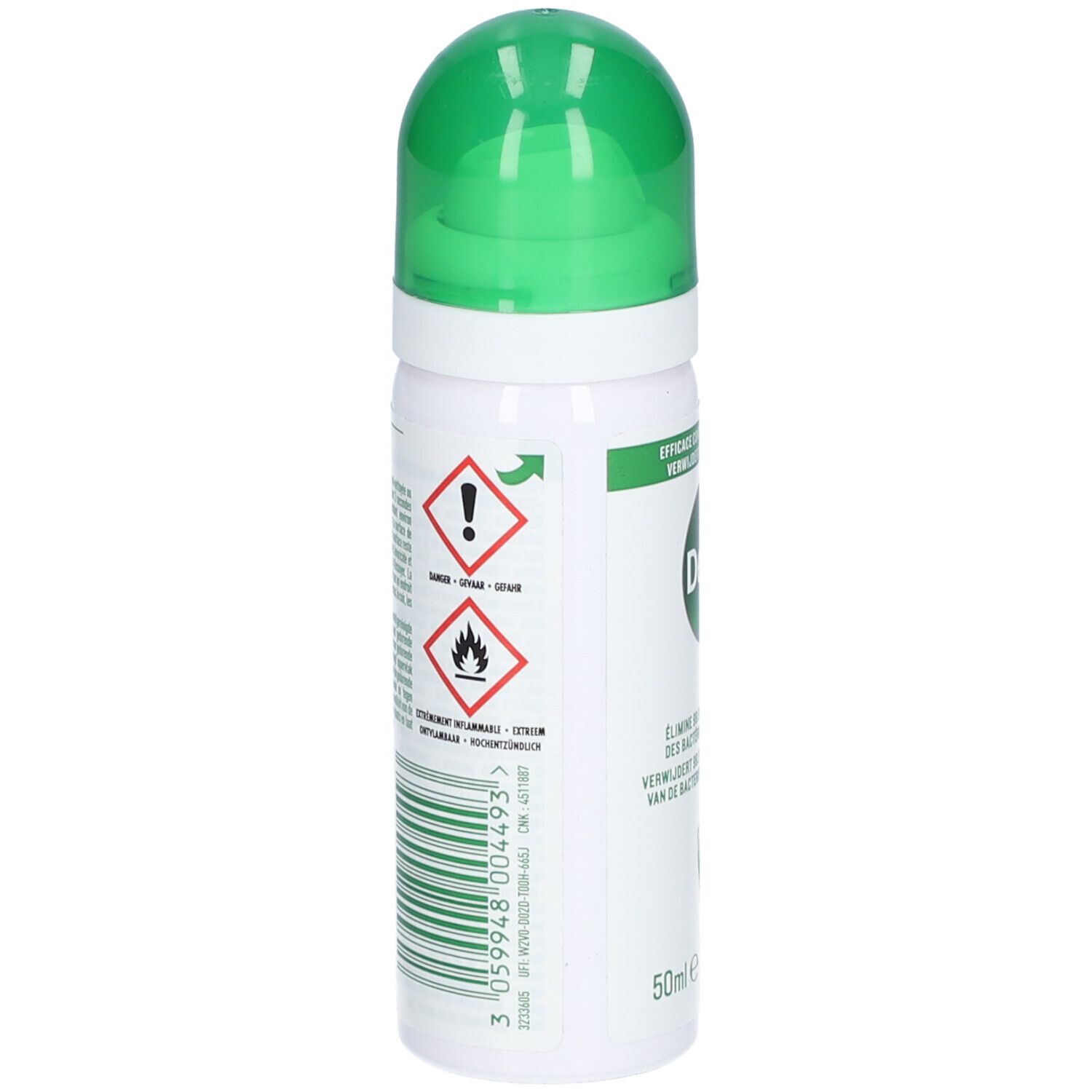 Spray désinfectant avec symboles d'avertissement. Contient des informations d'utilisation. Dos de la bouteille avec code-barres et avertissements.