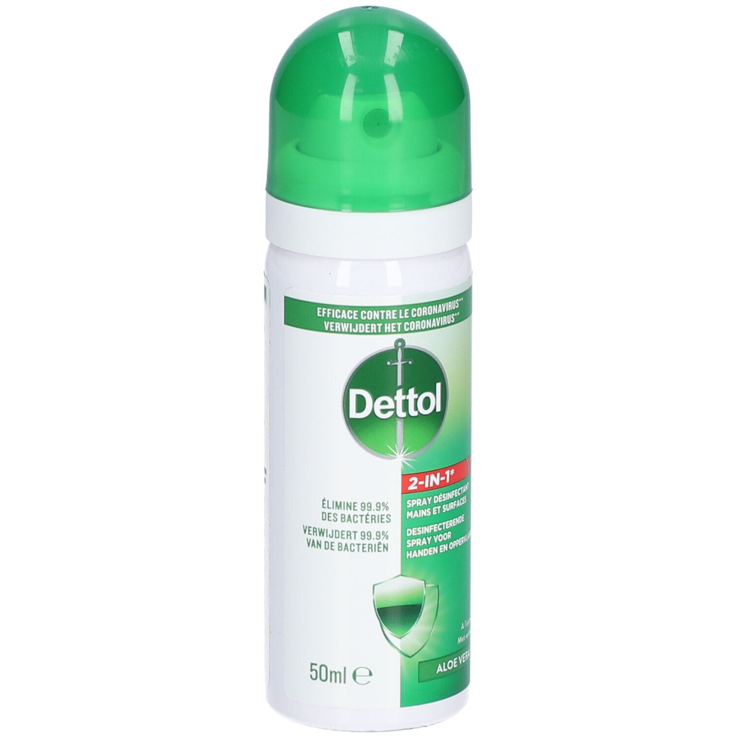 Spray désinfectant avec bouchon vert. Contient de l'aloe vera. Spray 2 en 1 pour mains et surfaces. Élimine 99,9% des bactéries.