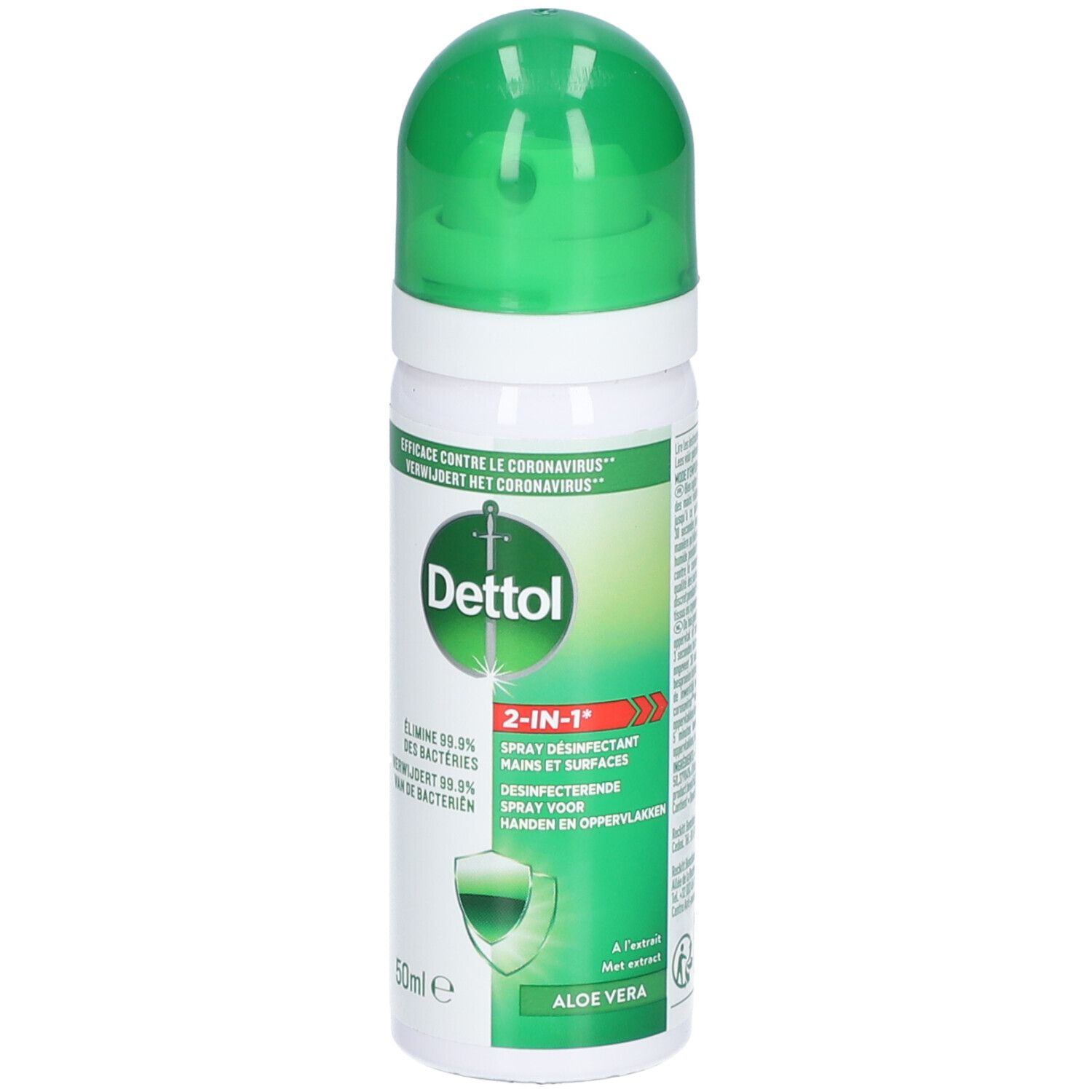 Spray désinfectant avec bouchon vert. Contient de l'aloe vera. Spray 2 en 1 pour mains et surfaces. Élimine 99,9% des bactéries.