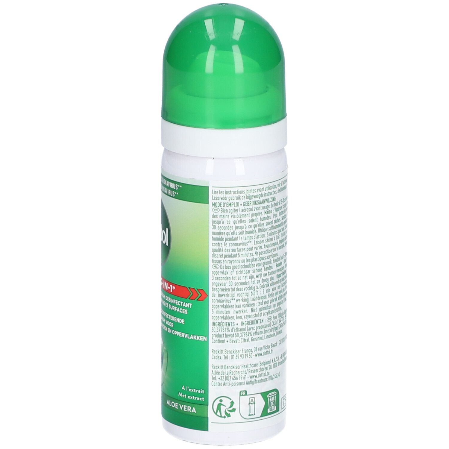 Spray désinfectant avec bouchon vert. Contient de l'aloe vera. Spray 2 en 1 pour mains et surfaces. Contient instructions et ingrédients.