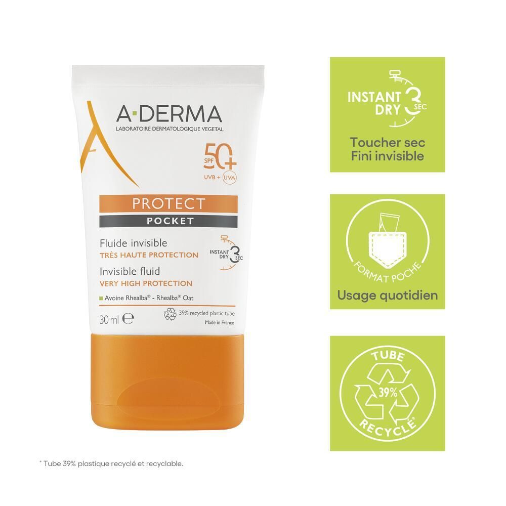 Tube met productinformatie. A-DERMA PROTECT, SPF 50+, Invisible Fluid. Iconen: Direct droog, zakformaat, recyclebaar.
