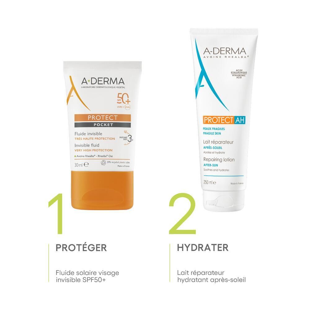 Vergelijking van twee tubes. Links: A-DERMA PROTECT, Invisible Fluid. Rechts: A-DERMA PROTECT AH, Herstellende lotion.