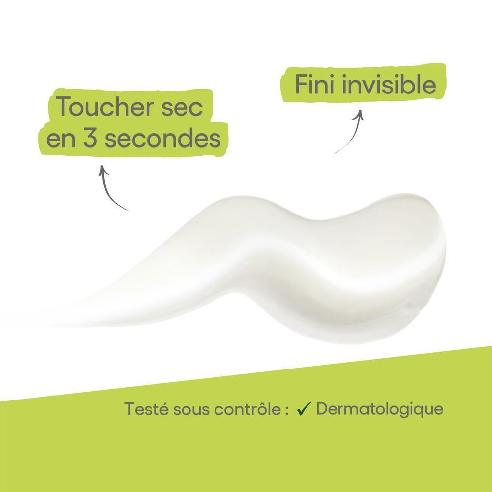 Witte vloeistof op witte achtergrond. Tekst: Droogt in 3 seconden, onzichtbare finish. Dermatologisch getest.